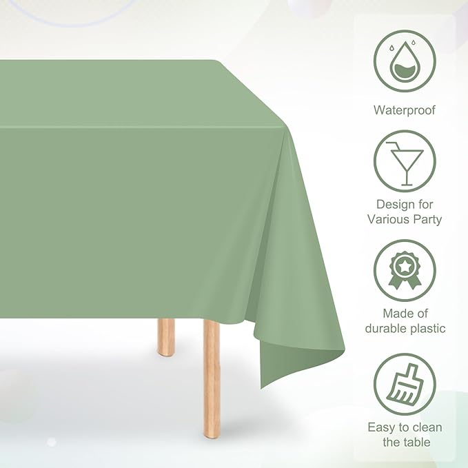 16 Pack Sage Green Plastic Tablecloth for Rectangle Tables, Premium Decorative Sage Disposable Table Cloths for Parties, Rectangle Party Table Cover for Birthday Wedding Baby Shower Party, 54x108 Inch