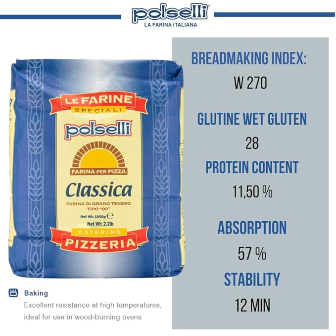 Polselli Classica, Tipo "00" Double Zero Flour Extra Fine, 11 lbs (5 kg), Neapolitan Italian Pizza, Bread, Pasta, and more, All Natural, Unbleached
