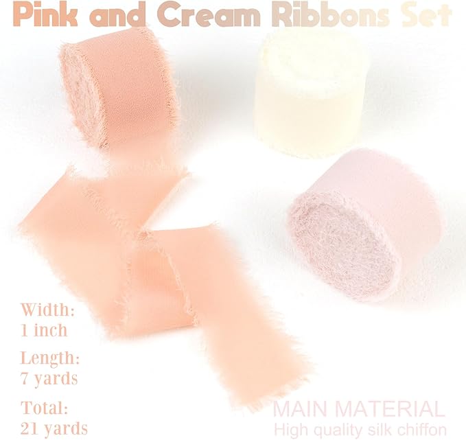 Peach Pink Chiffon Ribbon 1 Inch x 21Yds Handmade Fringe Chiffon Silk Ribbon Peach/Pink/Ivory Frayed Chiffon Ribbon for Gift Wrapping Wedding Invitation Flower Bouquets Bridal Shower