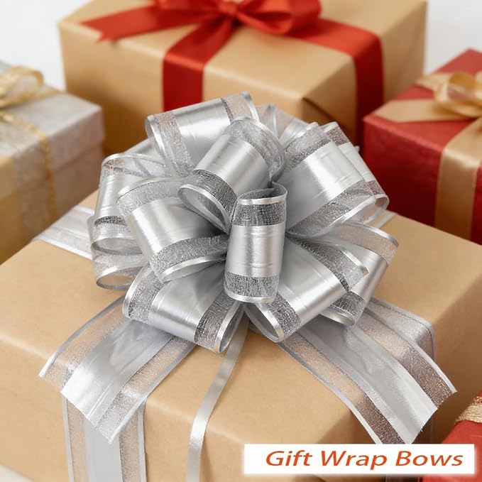 Silver Bows for Gift Wrapping, 6PCS Gift Bows for Wedding, Christmas, Birthday Decor, Gift Basket & Party Decorations, 6 Inches (Silver)