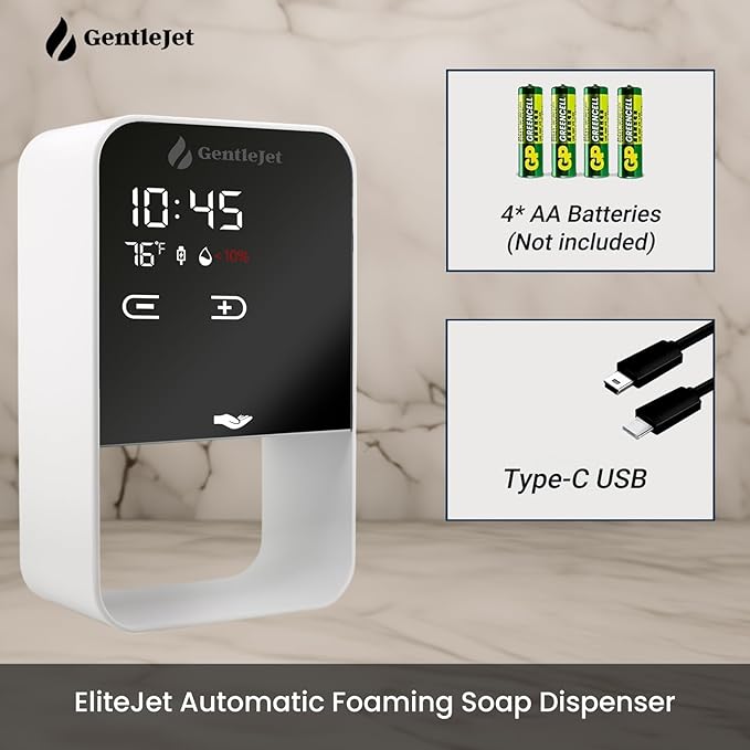 GentleJet EliteJet Automatic Foaming Soap Dispenser – Touchless Sensor, LED Display, 5 Foam Levels, Wall Mount or Countertop, Rechargable USB-C or Battery Powered, Aluminum Alloy, 480 ml Refillable