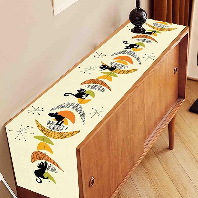 Mid Century Table Runner, Retro 1950s Black Cat Atomic Modern Abstract Coffee Table Center Decor for Home Kitchen Dining Patio Holiday Party Indoor Outdoor Table Decorations, 13"x36" Inch
