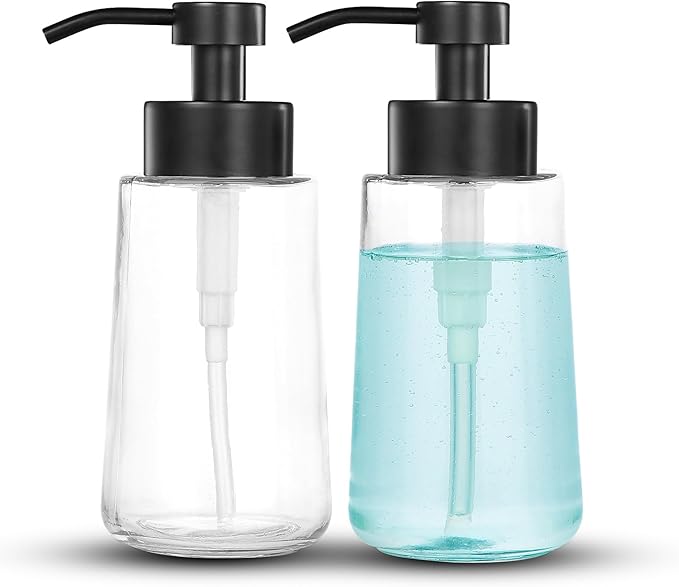 Soap Dispenser, Clear Glass Soap Dispenser with Rust Proof Pump, 16oz Liquid Soap Pump with Waterproof Labels, Dish & Hand Soap for Bathroom, Kitchen, Matte Black, Pack of 2