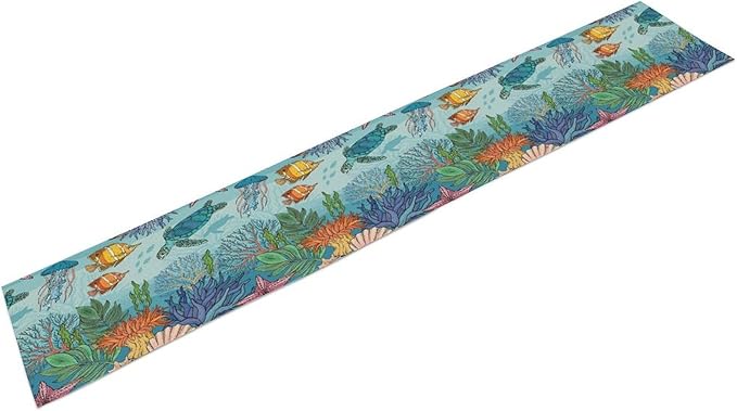 Coastal Table Runner, Ocean Nautical Coral Starfish Seashell Sea Turtle Table Runner for Dining Table Kitchen Party Picnic Home 13x36in