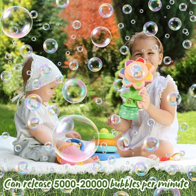 Sunflower Bubble Machine for Kids Automatic Flower Bubble Toy with Colorful Lighting for Toddlers Handheld 20000+Bubbles 3 Modes Fun Swing Dance Bubble Maker Blower Blaster Outdoor Toys Type-C Blue