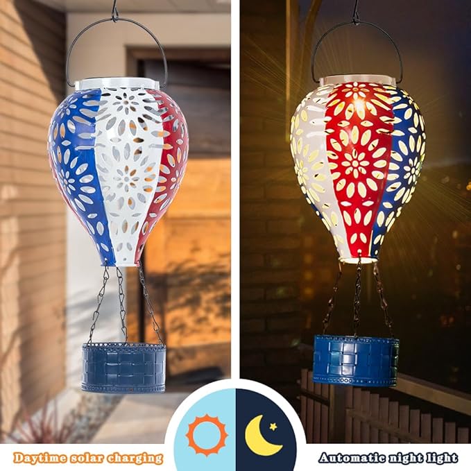 Solar Hot Air Balloon Lantern,Hanging Lantern Outdoor Waterproof Decorative Metal LED Solar Lights for Trees Patio Garden Yard Porch Decor, Flag