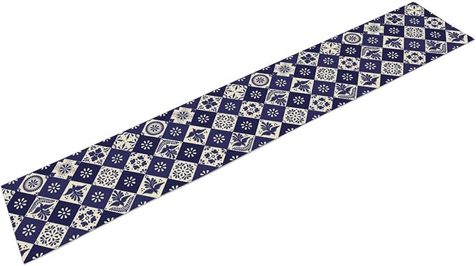 Floral Birds Mexican Table Runner, Blue Mexico Talavera Ceramic Tiles Cinco De Mayo Azulejo Coffee Table Center Decor for Family Kitchen and Dining Patio Indoor Outdoor Table Decorations, 13" X 108"