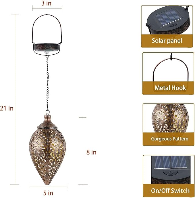 2 Pack Hanging Solar Lanterns, Colorful LED Outdoor Lights, Retro Metal Waterproof Lanterns for Garden Patio Yard Decor