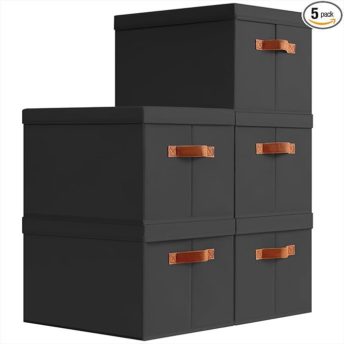 Homsorout Storage Bins with Lids - Large Fabric Closet Bins with Lid, 5 Pack Clothes Organizers and Storage, Collapsible Stackable Cube Basket for Home, Office, Dorm, Black
