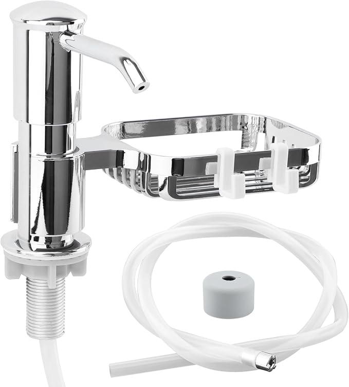 Soap Dispenser for Kitchen Sink, Built in Soap Dispenser Pump with Sponge Holder,Under Counter Brushed Nickel ABS Pump Head with 40" Extension Tube Kit(Silver)