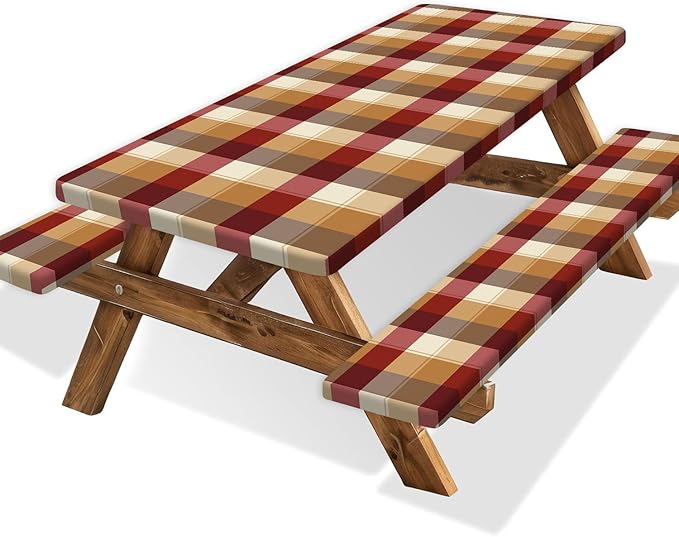 Checkered Style Picnic Table Cover with Bench Covers, Camping Essentials, Plaid Waterproof Windproof, Fitted Tablecloth Cover with Elastic Edge, for Indoor, Outdoor, 3 PCS, 30x60 Inch