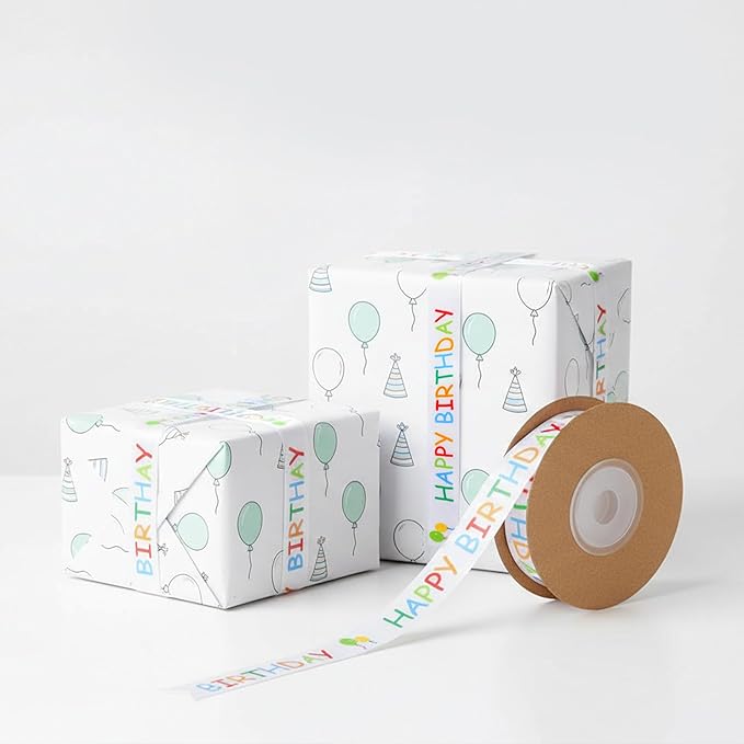 Happy Birthday Ribbon Roll for Gift Wrapping, 15 mm x 30 ft White Printed Birthday Gift Ribbon for Crafts, Party Decorations, Bouquets, Bows and Cake Table Accents