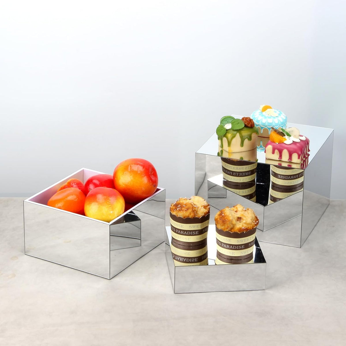 Acrylic Silver Mirror Display Riser, 3 Pcs Glossy Silver Risers for Display Food Display Lifter Nesting Display Risers Hollow Bottom