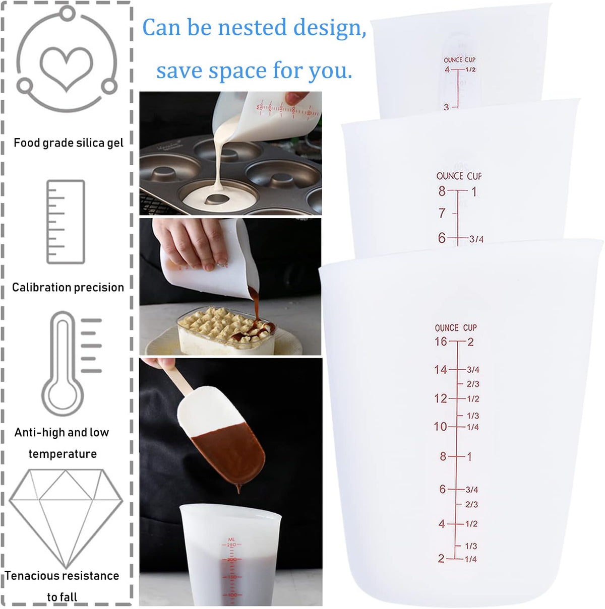 3 PCS Silicone Flexible Measuring Cups,Melting Cups for Epoxy Resin,Butter,Chocolate and More,2 Cup&1 Cup&1/2 Cup