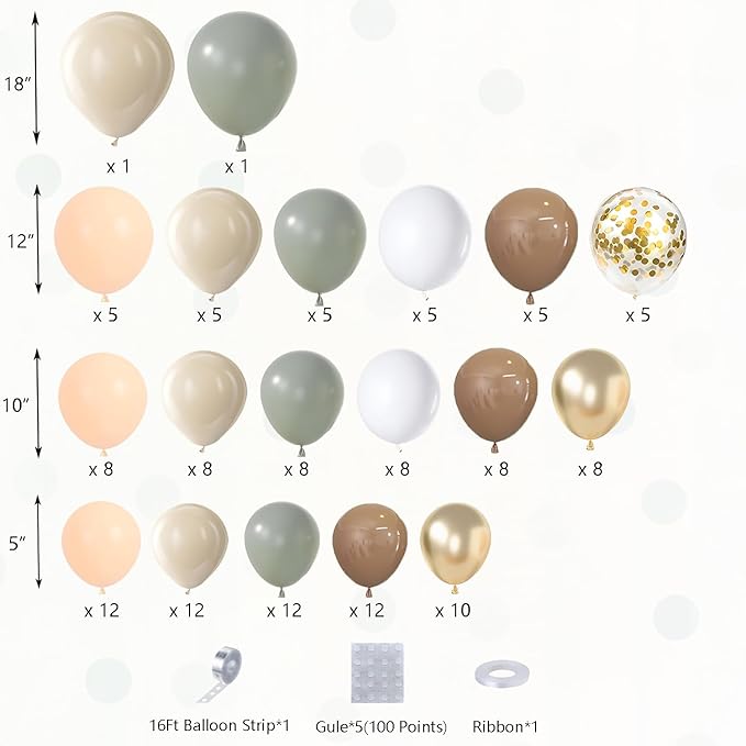 DBKL Dusty Green Nude Balloon Garland Arch Kit, Cream White Sand Sage Green Brown Gold Confetti Balloons for Baby Shower Wedding Birthday Gender Reveal Gender Reveal Party Decorations