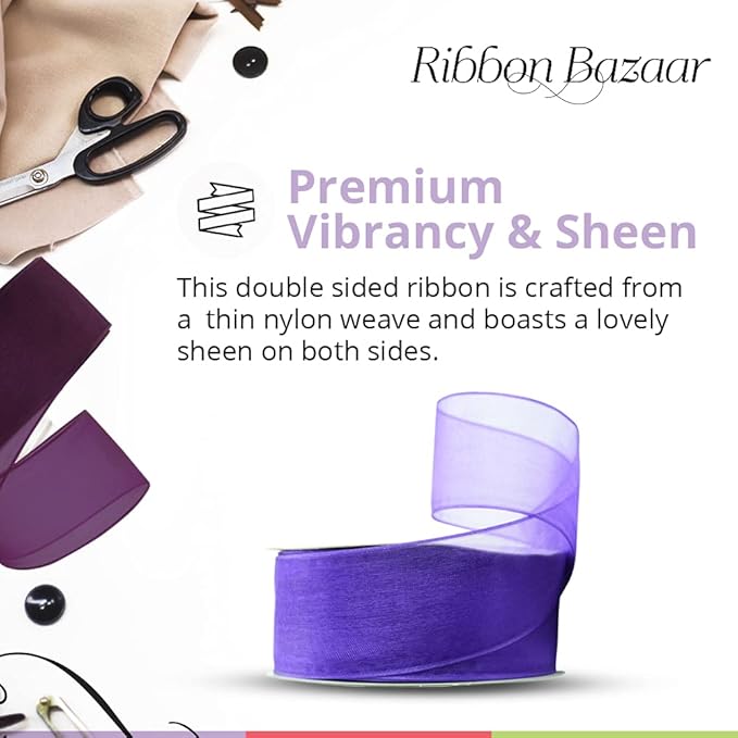 Ribbon Bazaar Sheer Organza Wired Ribbon - Wire Edged Ribbon for Floral Decor, Table Arrangements, Apparel Embellishment & More - 1-1/2" Purple 25yd Spool