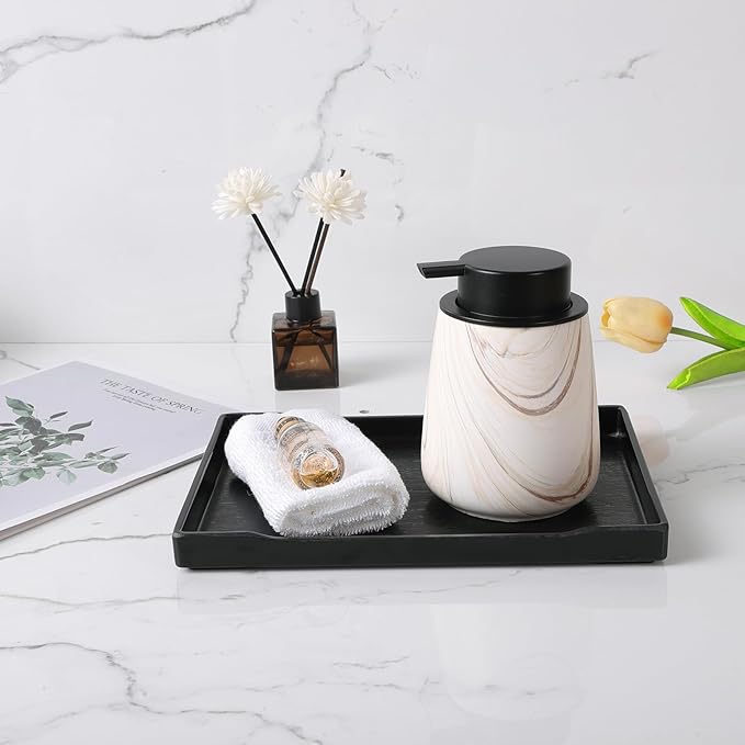 12Oz Ceramic Liquid Soap Dispenser - Modern Lotion Hand Soap Dispenser with Easy-to-Press Black Pump, Reusable and Refillable Dish Soap Dispensers for Bathroom & Kitchen, Marble Brown