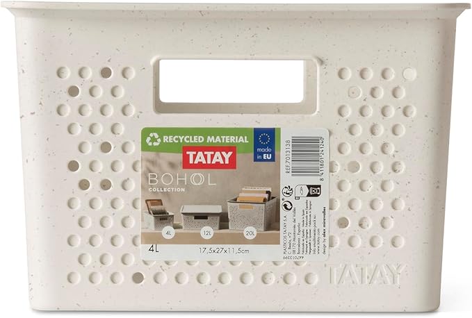 TATAY Rectangular Organiser Box 4L Bohol, Polypropylene, BPA Free, 100% Recycled Plastic. ECOHOME Beige. Measures 17 x 27 x 11,5 cm