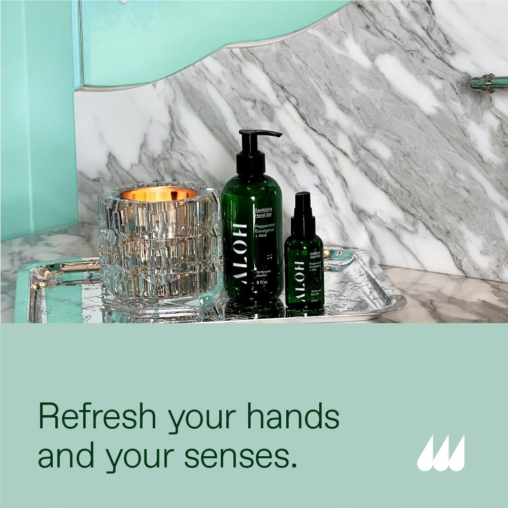 ALŌH Sanitizing Hand Gel 2-pack | Peppermint Eucalyptus + Aloe | 70% Alcohol Hydrating Hand Sanitizer Gel with Essential Oil, for Kids & Adults | 8oz Bottle (Set of 2)