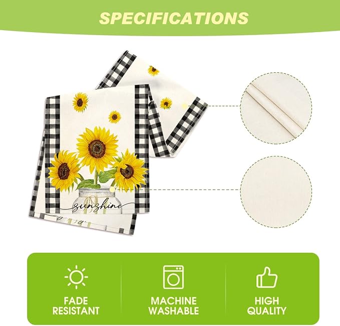Artoid Mode Buffalo Plaid Sunflower Sunshine Vase Summer Table Runner, Spring Kitchen Dining Table Decoration for Home Party Decor 13x120 Inch