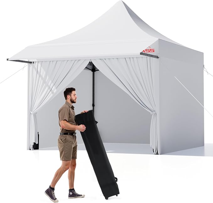 10x10 Pop Up Canopy Tent with Awning and Sidewalls, 550D Commercial Canopy, Waterproof Party Tent with Roller Bag, White