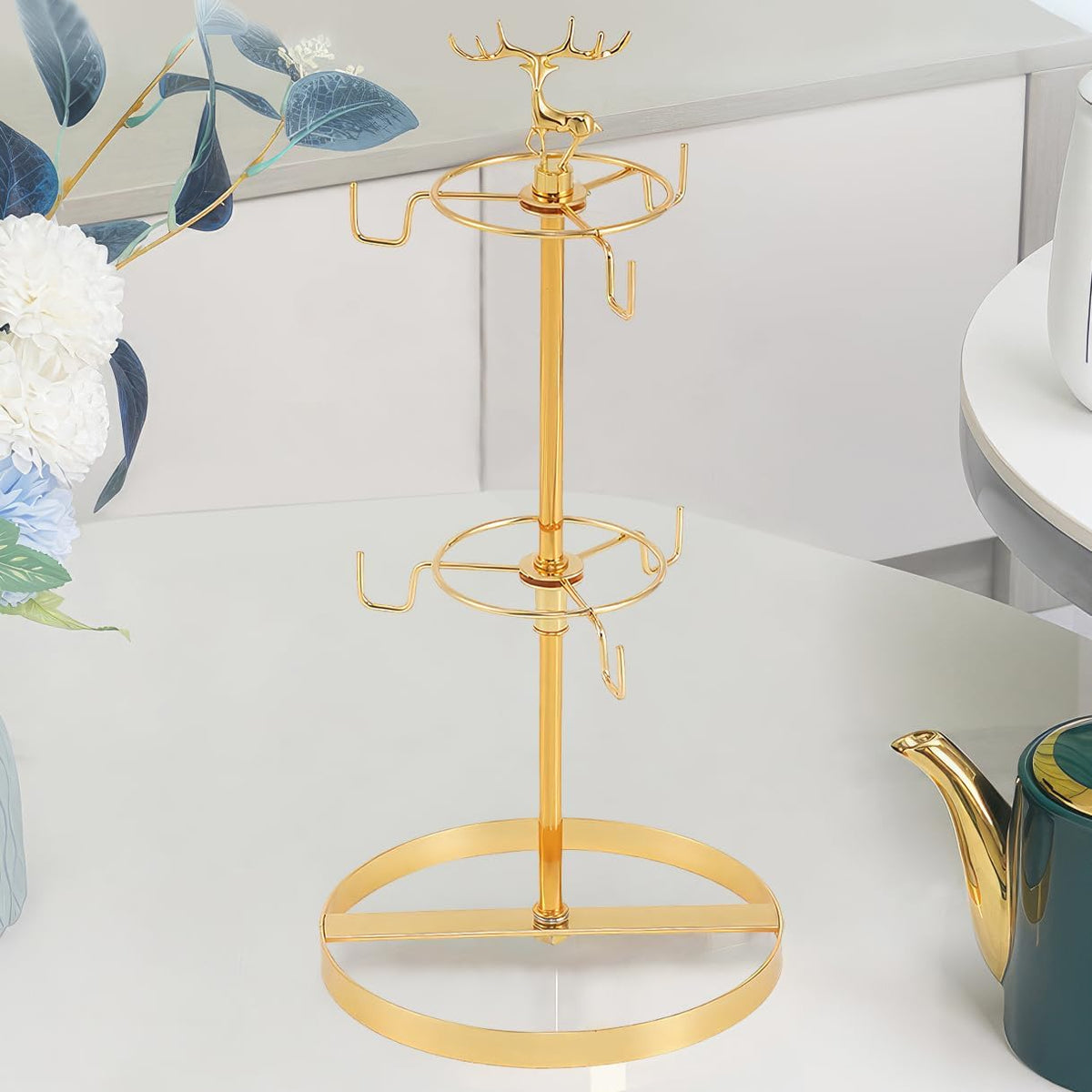 Coffee Mug Tree Holder for Counter,Double Tier Mug TeaCup Metal Holders Countertop,Coffee Mug Tea Cup Stand Rack for Counter Top 6 Hooks(Gold