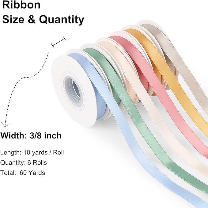 Ribbon for Gift Wrapping, 3/8 inch x 60 Yard, Thin Satin Ribbons for Crafts, Flower Bouquet Bridal Shower Wreath Hair Continuous Birthday Party Decorations (Muted Tones)