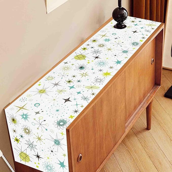 Mid Century Table Runner, Retro 1950s Atomic Pattern Modern Abstract Geometric Coffee Table Center Decor for Home Kitchen Dining Patio Holiday Party Indoor Outdoor Table Decorations, 13"x36" Inch