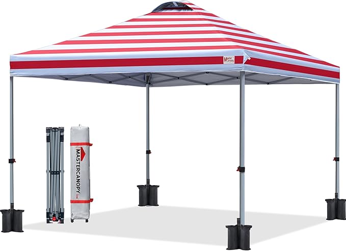 MASTERCANOPY Durable Pop-up Canopy Tent with Roller Bag (10x10, Red Stripe)