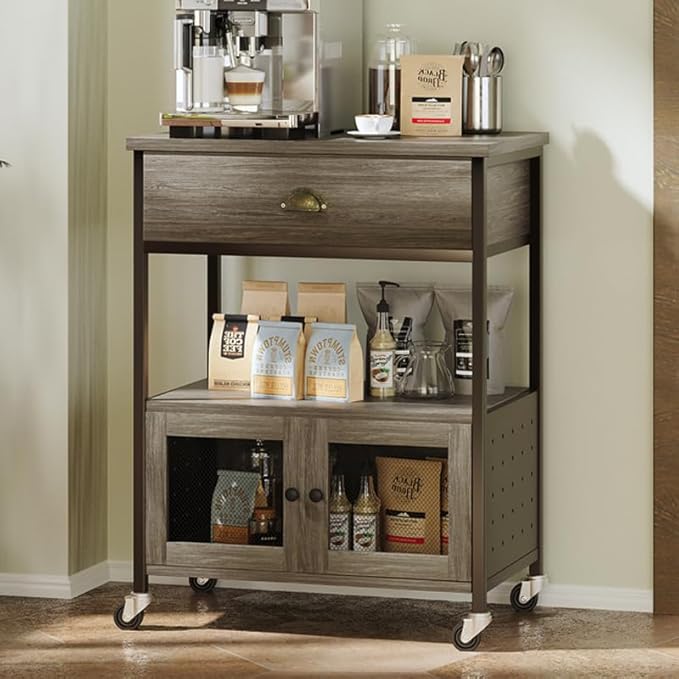 Catrimown Coffee Cart Station, Coffee Stand Station, Small Microwave Stand with Drawer, Movable Farmhouse Coffee Station Table on Wheels for Living Room, Entryway, Dining Room, Kitchen, Wash Grey