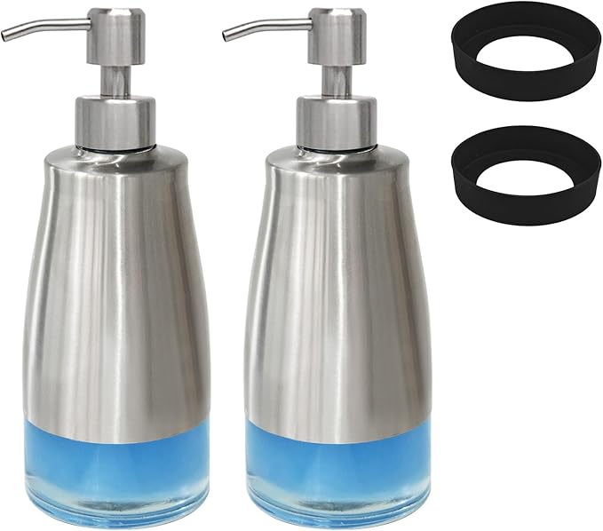 AUMIO Soap Dispenser with Non-Slip Silicone Pad - 2 Pack, Stainless Steel Case Glass Liner Hand Pump for Kitchen and Bathroom