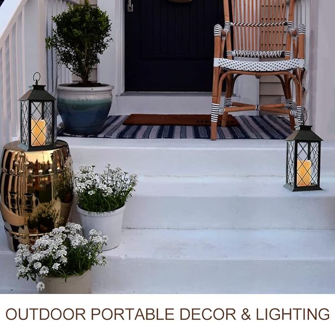 2-Pack 13.5" Vintage Candle Lantern with LED Pillar Candle (Black, 6hr Timer) - IP44 Waterproof Battery Powered Decorative Light - Outdoor Patio Hanging Lantern Decorative Tabletop Light