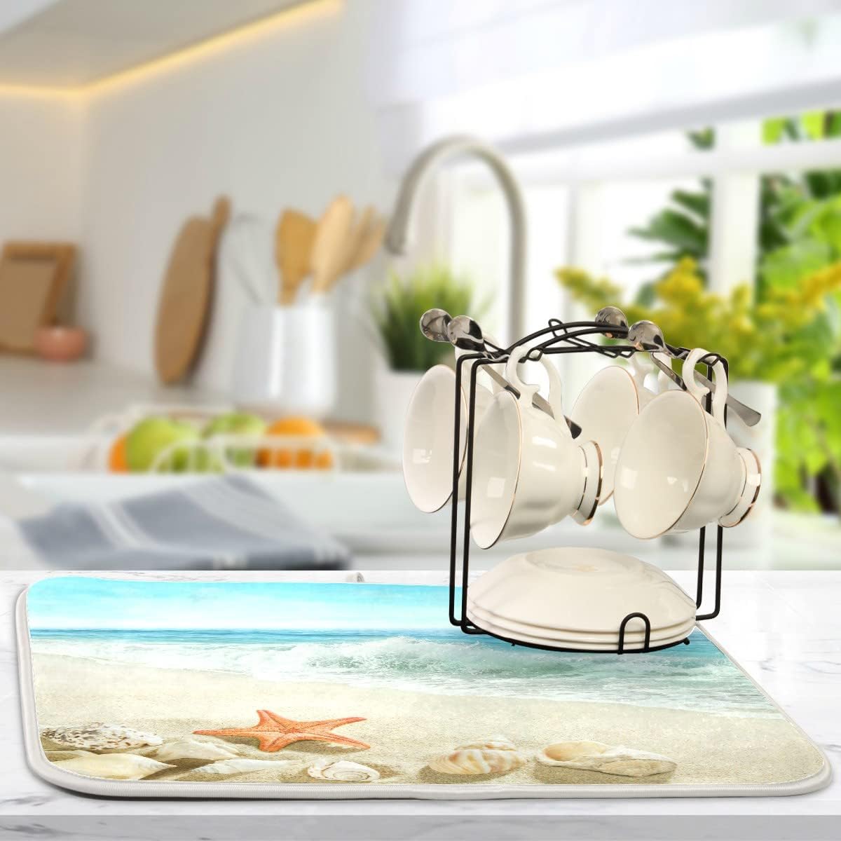 Summer Beach Dish Drying Mat 18 x 24 Inch Sea Wave Shells Starfish Drying Mat with High Absorbent Reversible Microfiber Kitchen Mat Dish Rack Pad