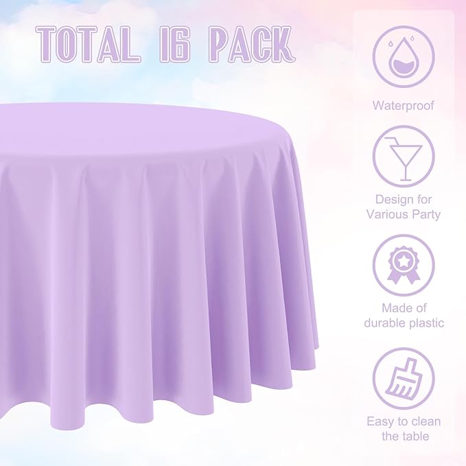 Ragnhild 16 Pack Lavender Plastic Tablecloths for Round Tables, Premium Decorative Light Purple Disposable Table Cloths for Parties, Round Party Table Cover for Birthday Wedding Baby Shower, 84 Inch