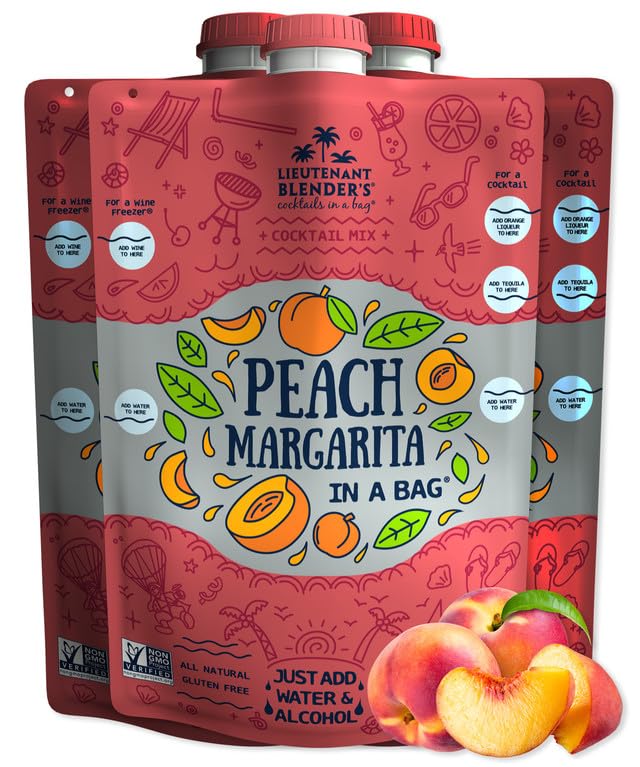 Lt. Blender's Peach Margarita in a Bag - Peach Margarita Mix - Each Bag Makes 1/2 Gallon - Non-GMO Cocktail Mix - No Blender Needed - Add Liquor
