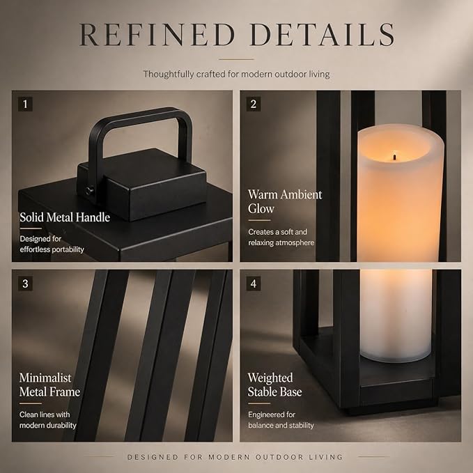 H16 Modern Outdoor Solar Lantern Black Metal Frame with Flickering LED Candle Waterproof and Portable for Patio Deck or Pathway Decorative Sconce with Warm LED