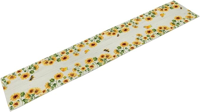 Sunflower Table Runner, Yellow Floral Flower Butterfly Country Rustic Table Runner for Outdoor Home Party Kitchen Dining Holiday 13x90in