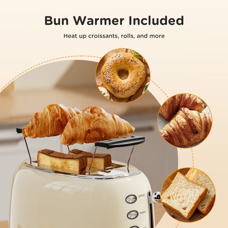 Toaster Retro 2 Slice, Vintage White Toaster with Lid, with Bread Attachment, Preheat, Defrost And Cancel Functions, 6 Browning Levels (Beige)