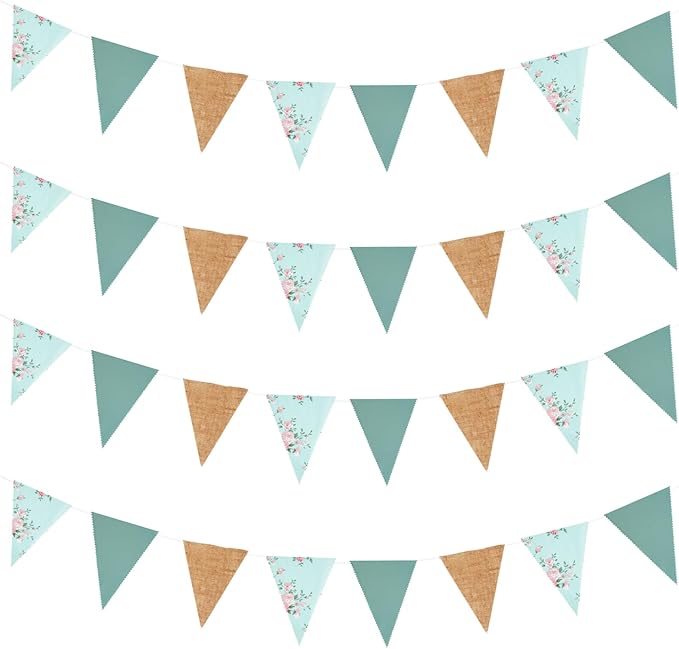 Zwiebeco 39Ft Sage Green Floral Fabric Pennant Banner Vintage Burlap Triangle Flag Retro Flower Bunting Party Decoration for Birthday Engagement Wedding Bridal Baby Shower Rustic Village Garden Decor