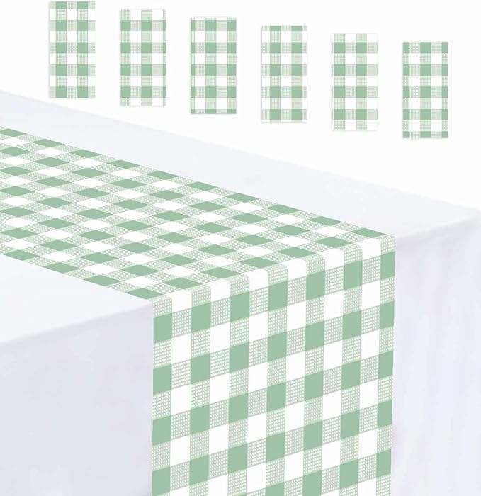 6 Pcs Sage Green and White Checkered Table Runner Plastic 14 x 108 Disposable Sage Green Gingham Table Runner for Birthday Wedding Baby Shower Party Table Centerpiece Decorations