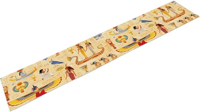 Egypt Table Runner, Ancient Egyptian Mythology Gods Hieroglyphic Elements Retro Farmhouse Table Runner for Home Kitchen Dining Party Indoor Outdoor 13x36in