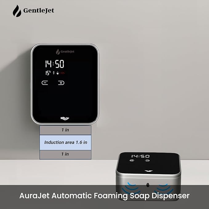GentleJet AuraJet Automatic Foaming Soap Dispenser Wall Mount – Touchless Sensor, LED Display, 5 Foam Levels, Rechargable USB-C or Battery Powered, Aluminum Alloy, 480 ml Refillable