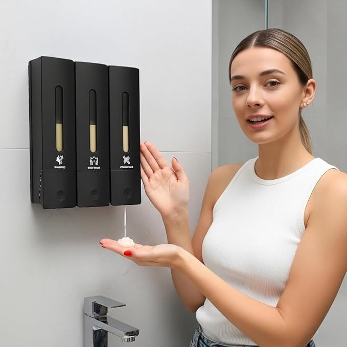 Soap Dispenser - 3 Chamber - 3x400ml - No Drill Wall Mount Bottles Organizer Toiletries for Cream Lotion Liquid Soaps Shampoo Conditioner Storage - Modern Essentials Bathroom Set - Black 2