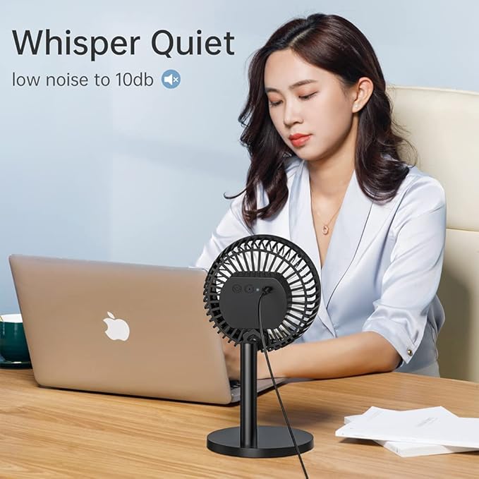 6 Inch Desk Fan for Bedroom, USB Small Fan with 4 Speeds, Adjustable Height, Personal Cooling Table Fan, 72°Rotation, Ultra Quiet, Lightweight, Powerful Office Fan for Home,4.92 feet Cord, Black