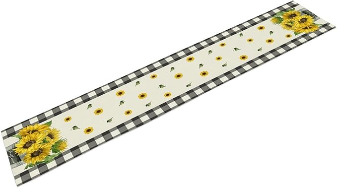 Morden Sunflower Table Runner,White Black Buffalo Plaid Watercolor Summer Flower Plants Leaves Print Table Runner for Kitchen Dining Table Holiday Home Party Decor 13x70in
