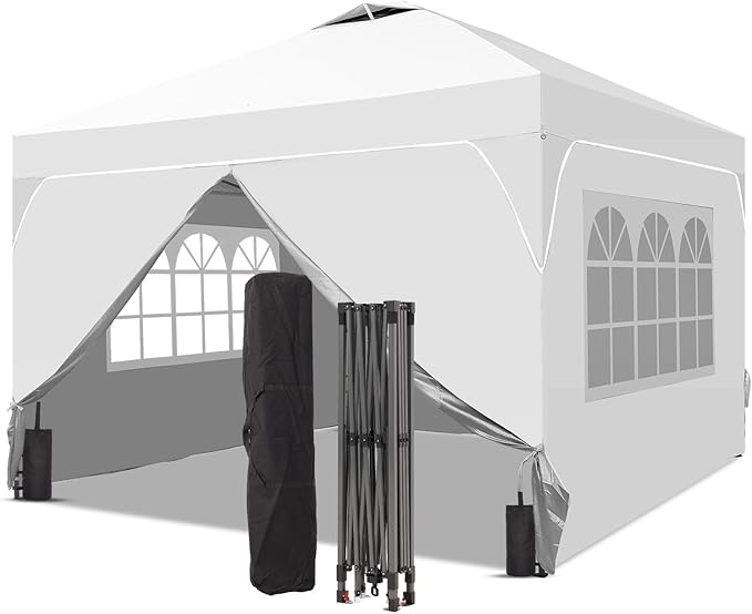 10x10 FT Pop Up Canopy, 1-Button Push Instant Canopy Tent with 4 Removable Sidewalls, Sandbags for Outdoor Activities & Events