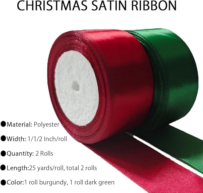 Dark Green Christmas Ribbon, Burgundy Satin Ribbon 1-1/2 Inch 50 Yards, Fabric Ribbons for Christmas Party Decorations, Gift Wrapping, Tree Ornaments, Bouquets, Door Wreath, Bows Making and DIY Crafts