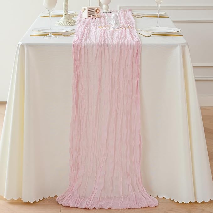 Sioloc Light Pink Cheesecloth Table Runner 120” x 35”, Soft Gauze Boho Wedding Valentines Table Decor for 10ft Table, Romantic Party, Baby Shower, Bridal Shower, Home & Event Decor