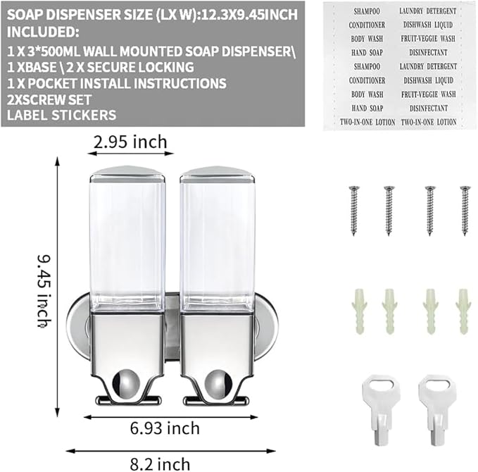 2 x 500ml Shampoo and Conditioner Dispenser No Drill Wall Mounted Manual Shower Soap Dispenser for Home, Bath, Kitchen, Hotels, Restaurants Shower and Lotion Dispenser (Clear)