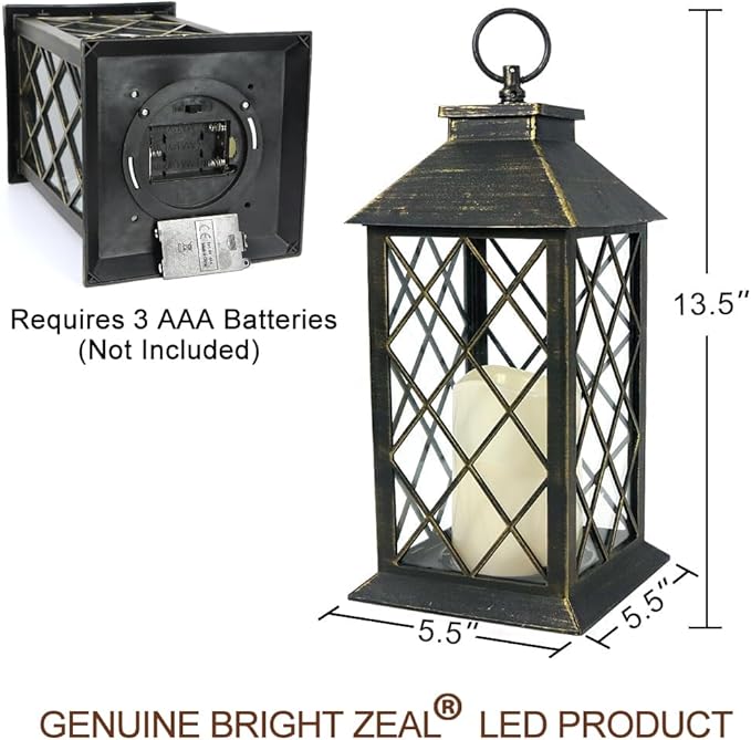 13.5" Outdoor Candle Lantern Decorative with LED Pillar Candle Battery Powered (Distressed Gold, 6hr Timer) - IP44 Waterproof Decorative Tabletop Lanterns Hanging Lanterns Indoor Outdoor